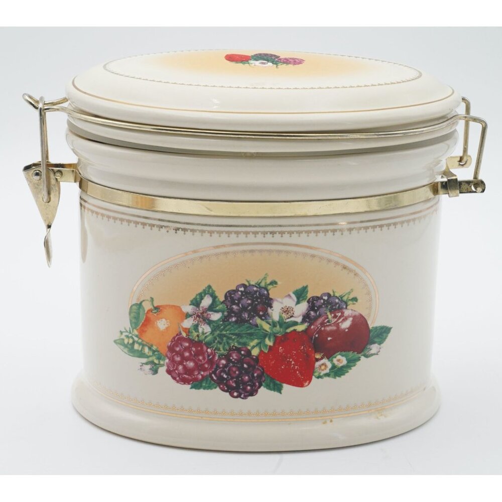 Vintage Knotts Berry Farm Foods Ceramic Canister w/ Metal Clamp Lid Fruit Motif